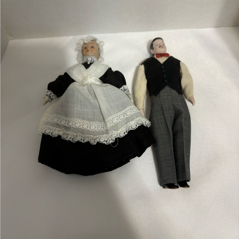 Vintage Dollhouse Dolls pair of miniature porcelain Victorian-era servant butler